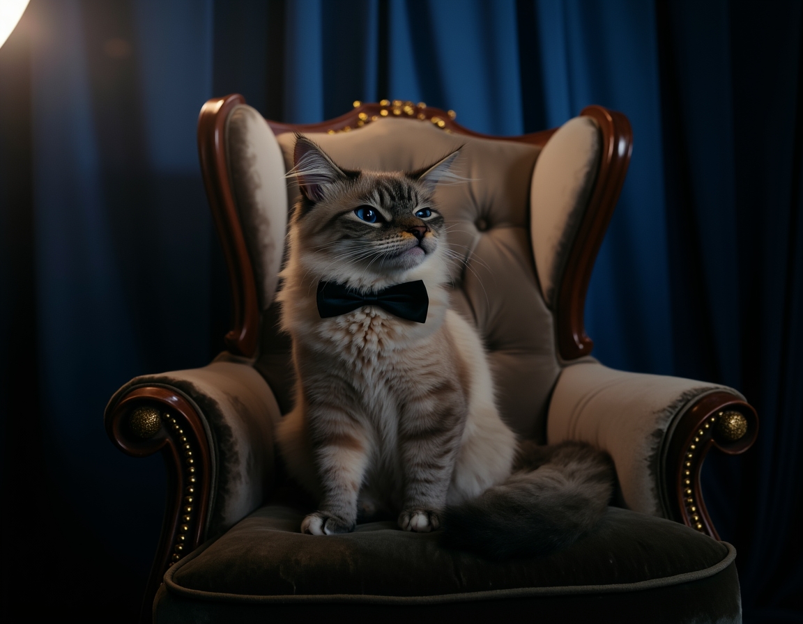 Photorealistic image of cat posed on a luxurious velvet chair in a studio. The backdrop is a deep navy blue with soft spotlighting that highlights the cat's fur and a sleek black bowtie, giving the scene a sophisticated, formal atmosphere.